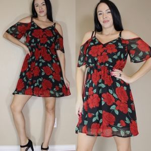 Red Rose Cold Shoulder Flowy Dress Summer A0111